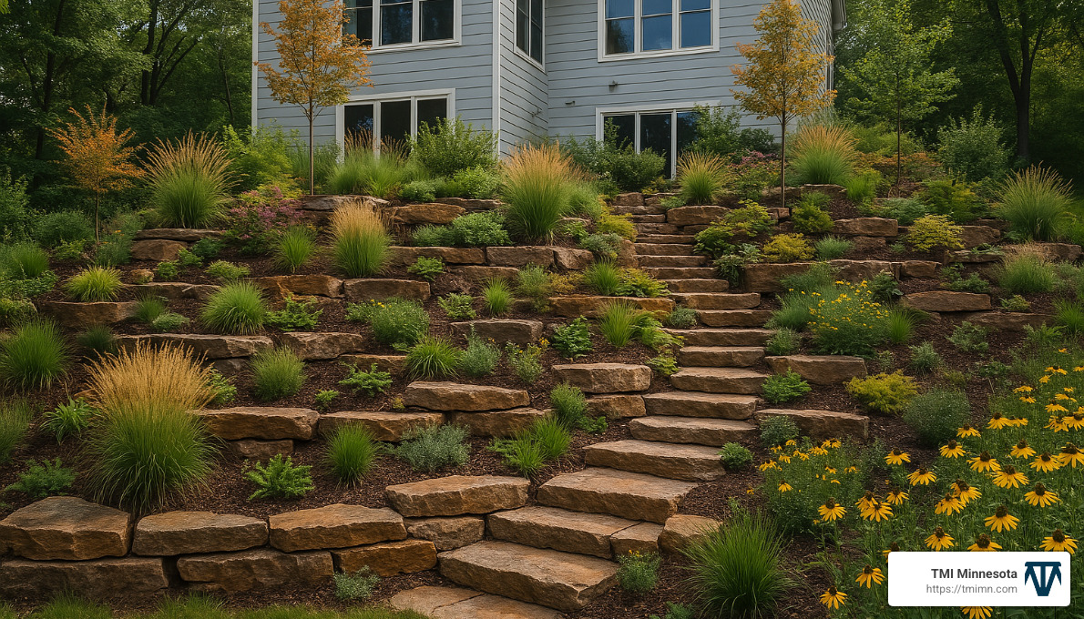 transformed sloped landscape with terracing - Landscape renovation services