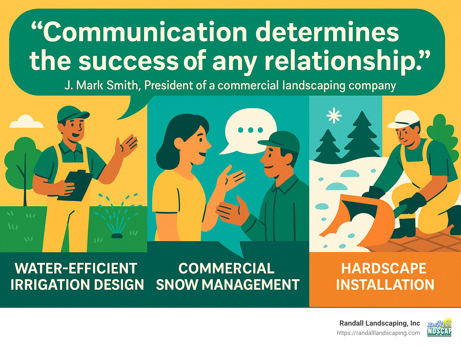 Quote from J. Mark Smith, President of a commercial landscaping company: "Communication determines the success of any relationship" - commercial landscaping companies near me infographic 