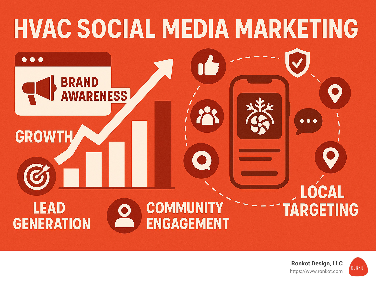 Infographic showing how HVAC social media marketing increases online visibility, brand trust, community engagement, and lead generation through targeted content and regular platform activity - HVAC social media marketing infographic Infographic showing how HVAC social media marketing increases online visibility, brand trust, community engagement, and lead generation through targeted content and regular platform activity - HVAC social media marketing infographic