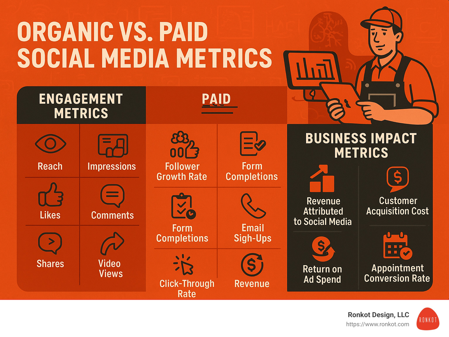 Comparison of organic vs. paid social media metrics - HVAC social media marketing infographic Comparison of organic vs. paid social media metrics - HVAC social media marketing infographic