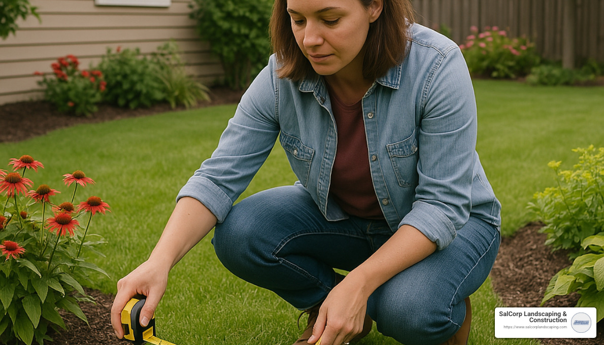 person measuring garden area with tape measure - mulch delivery