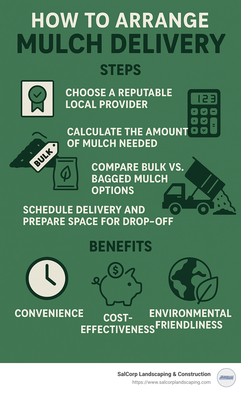Infographic showing steps to arrange mulch delivery and its primary benefits including convenience, cost-effectiveness, and environmental friendliness. - mulch delivery infographic 