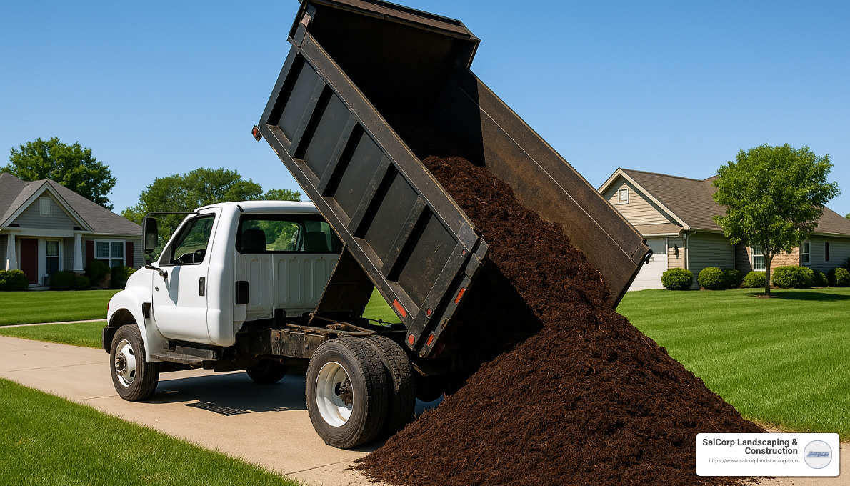 delivery truck unloading mulch - mulch delivery