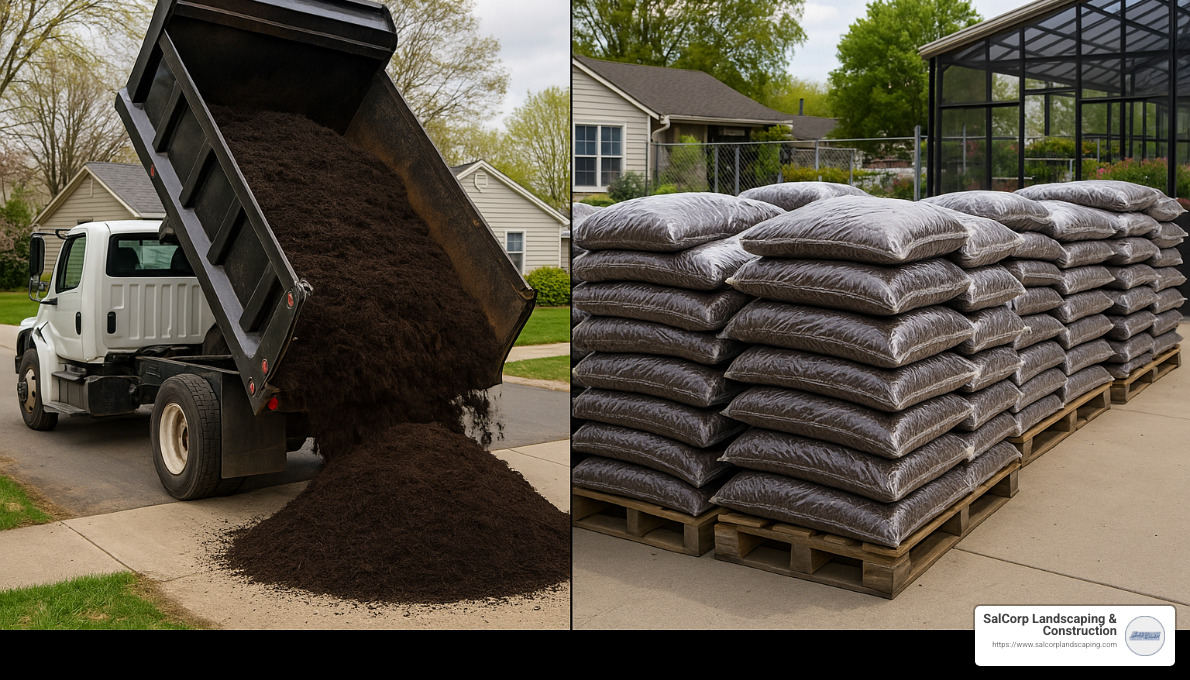 bulk mulch being delivered compared to stacked bags of mulch - mulch delivery