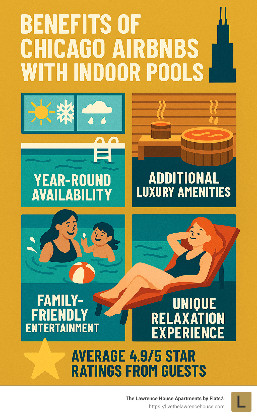 Benefits of Chicago Airbnbs with Indoor Pools: Shows year-round availability regardless of weather, typically includes additional luxury amenities like saunas and hot tubs, offers family-friendly entertainment options, provides unique relaxation experience, and averages 4.9/5 star ratings from guests - airbnb with indoor pool chicago infographic 