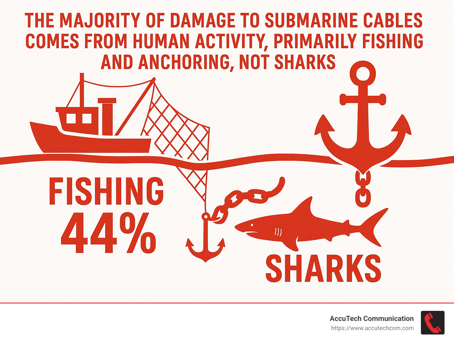 The majority of damage to submarine cables comes from human activity, primarily fishing and anchoring, not sharks. - submarine fiber optic cable infographic 
