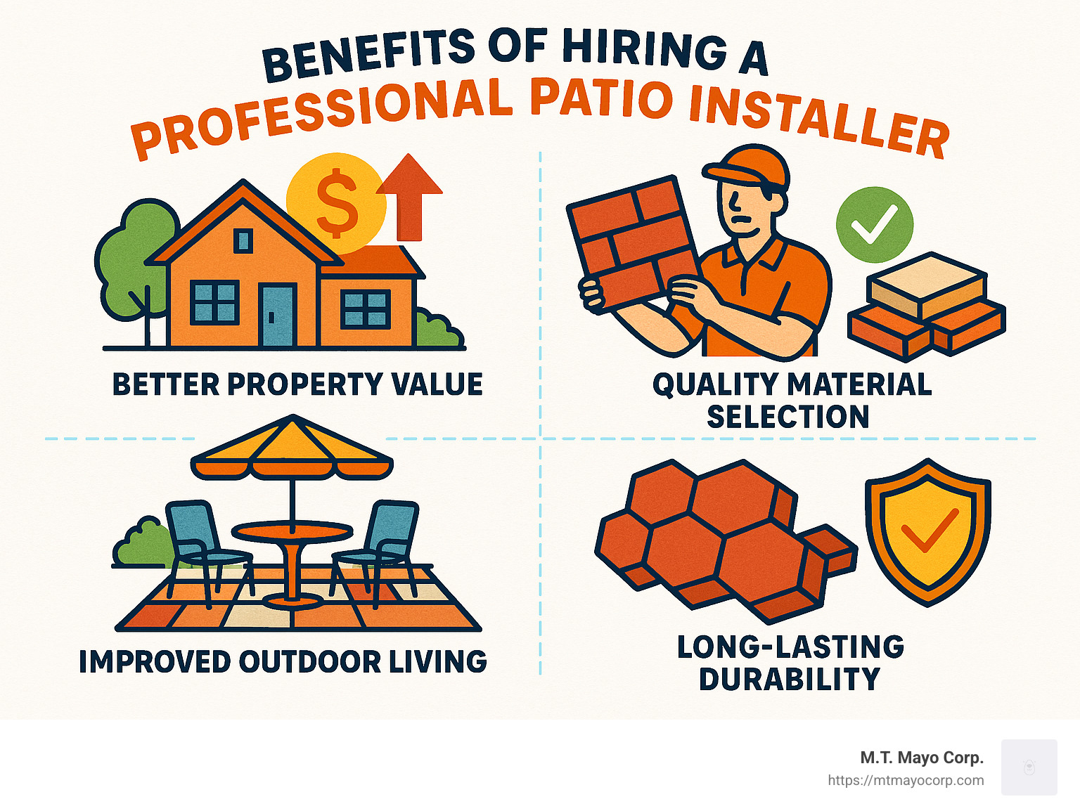 Infographic summarizing key benefits of hiring a professional patio installer, including better property value, quality material selection, improved outdoor living, and long-lasting durability. - Patio Installer infographic 