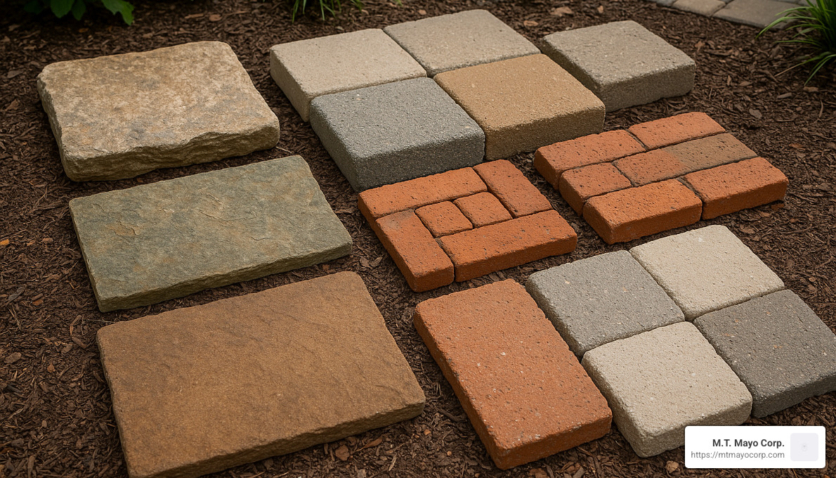 Various patio material samples including natural stone, concrete pavers, and brick - Patio Installer