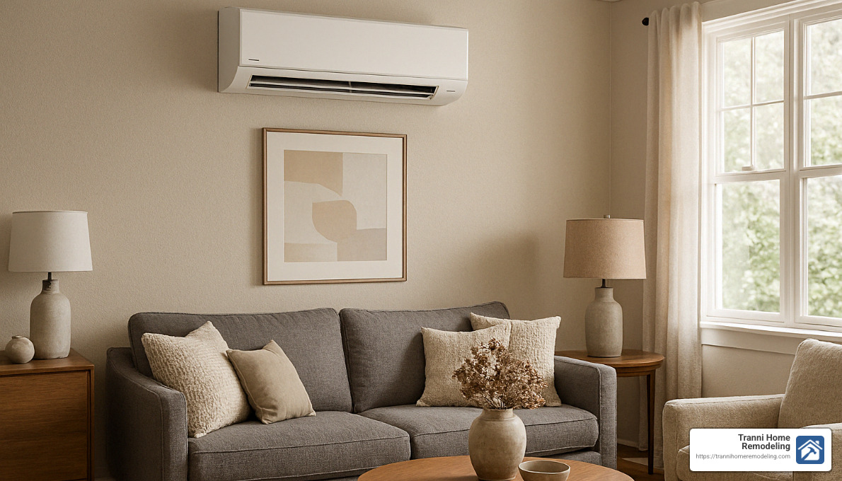 Modern home interior showing a wall-mounted ductless unit providing comfort without disrupting the decor - ductless heating and cooling systems