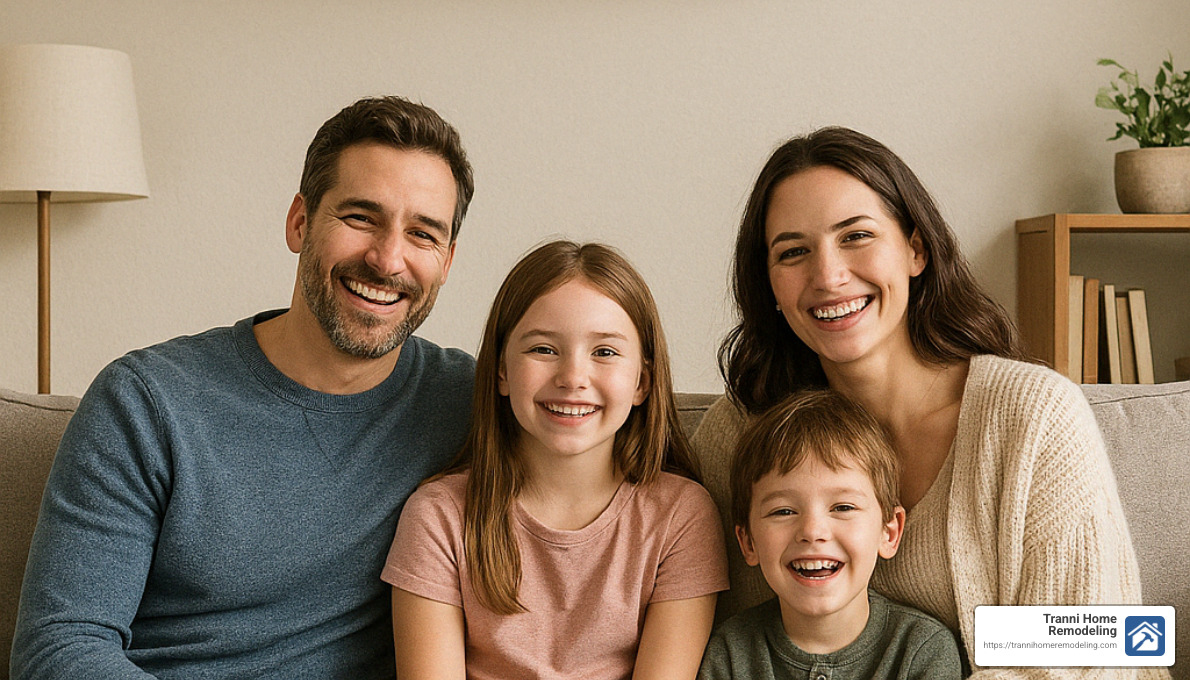 Happy family enjoying comfort of their new ductless mini split system in their living room - ductless heating and cooling systems