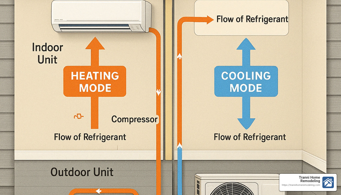 Detailed diagram showing how ductless mini split systems transfer heat between indoor and outdoor units - ductless heating and cooling systems