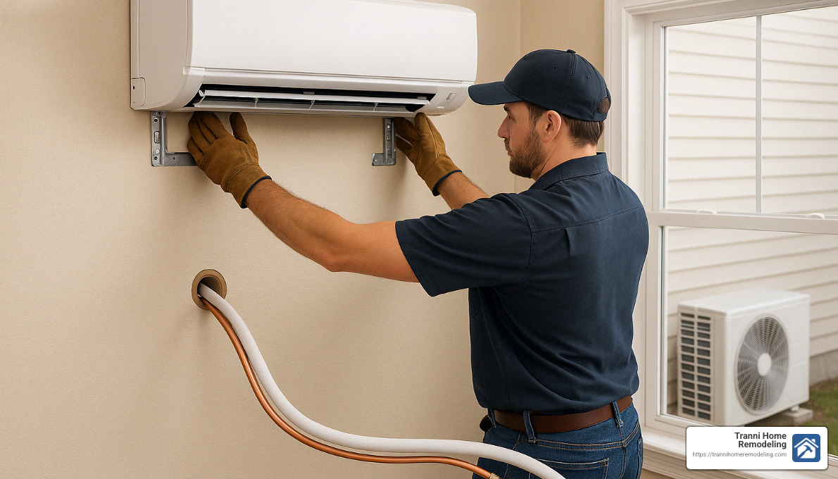 Installation of a ductless mini split system showing the mounting process and connection of refrigerant lines - ductless heating and cooling systems