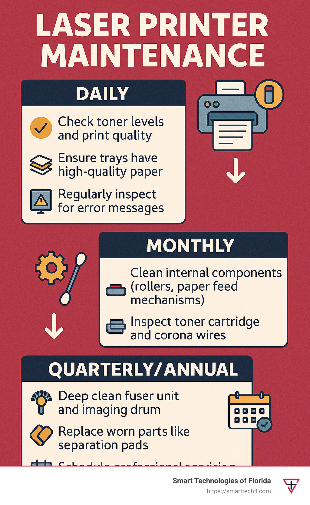 Infographic showing daily, monthly, and annual laser printer maintenance tasks - laser printer maintenance checklist infographic