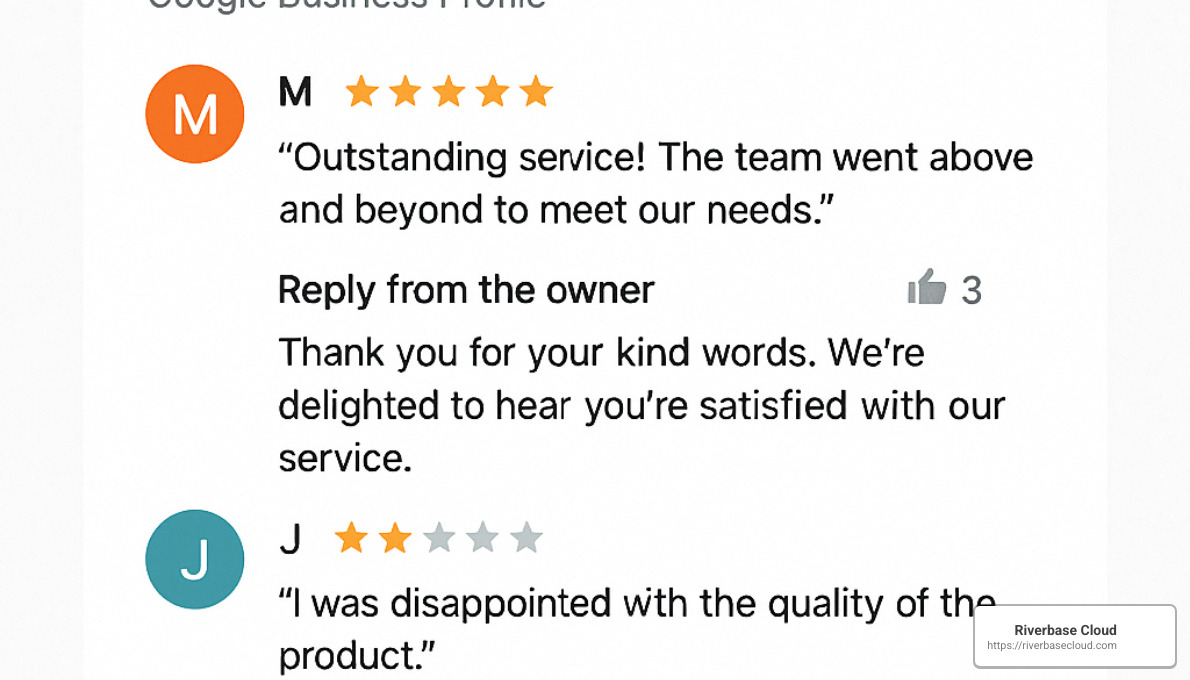Interface showing how to respond to customer reviews with examples of professional responses - Google Business Profile changes