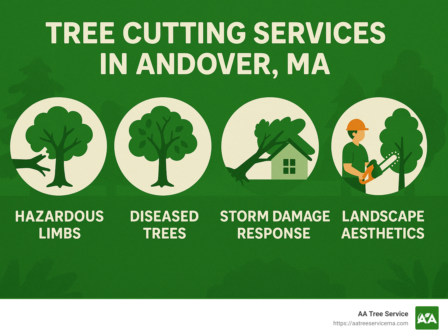 Infographic detailing common reasons homeowners in Andover, MA require professional tree cutting services, including hazardous limbs, diseased trees, storm damage response, and landscape aesthetics. - Tree cutting Andover MA infographic