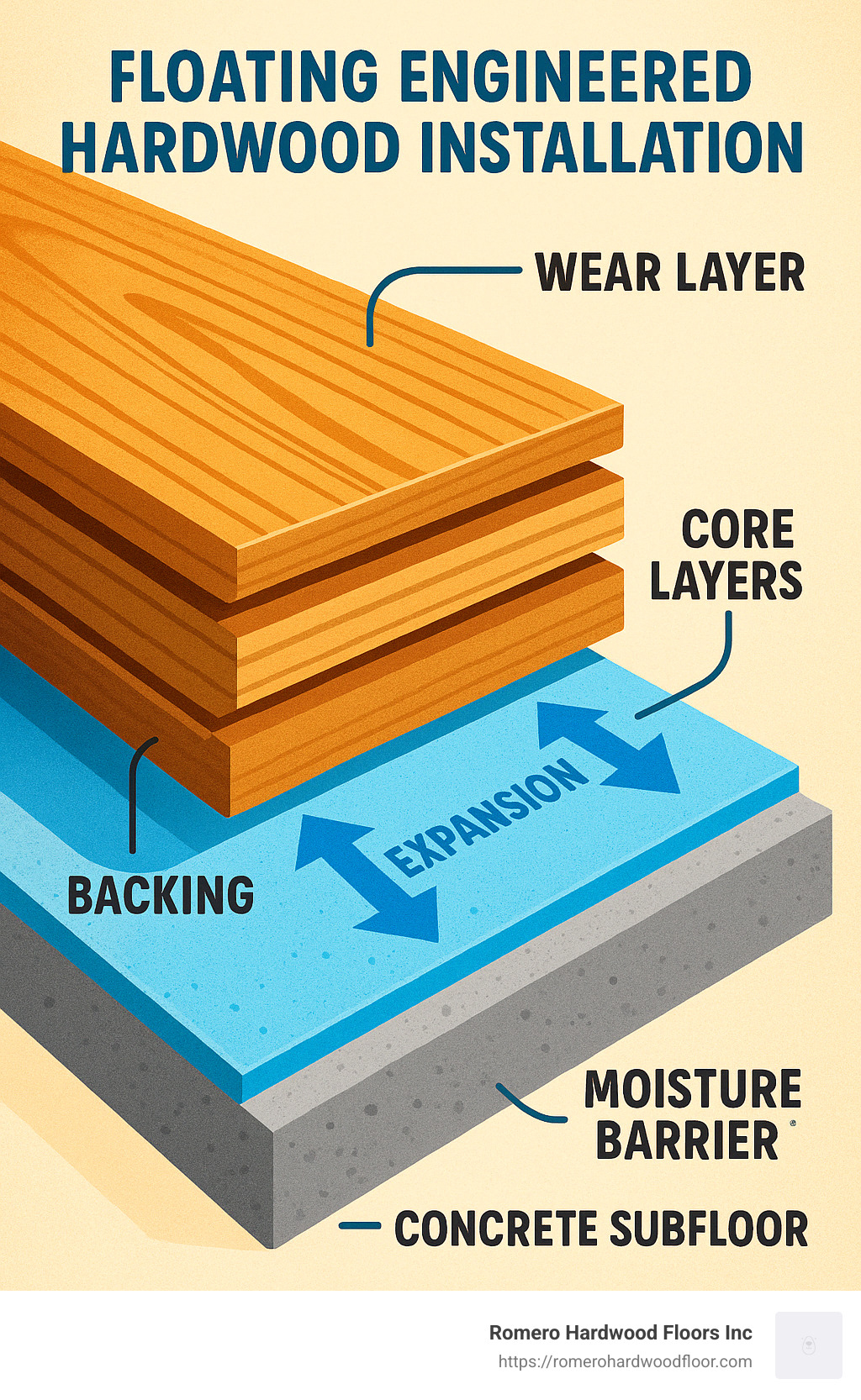 Layers of engineered hardwood showing wear layer, core layers, and backing, with arrows indicating expansion and contraction movement in floating installation over concrete subfloor with moisture barrier - how to install floating engineered hardwood flooring on concrete infographic 