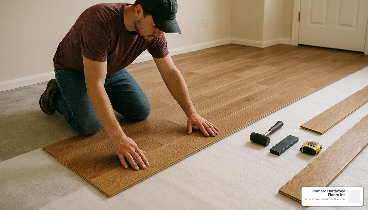 installation in progress showing proper technique - how to install floating engineered hardwood flooring on concrete