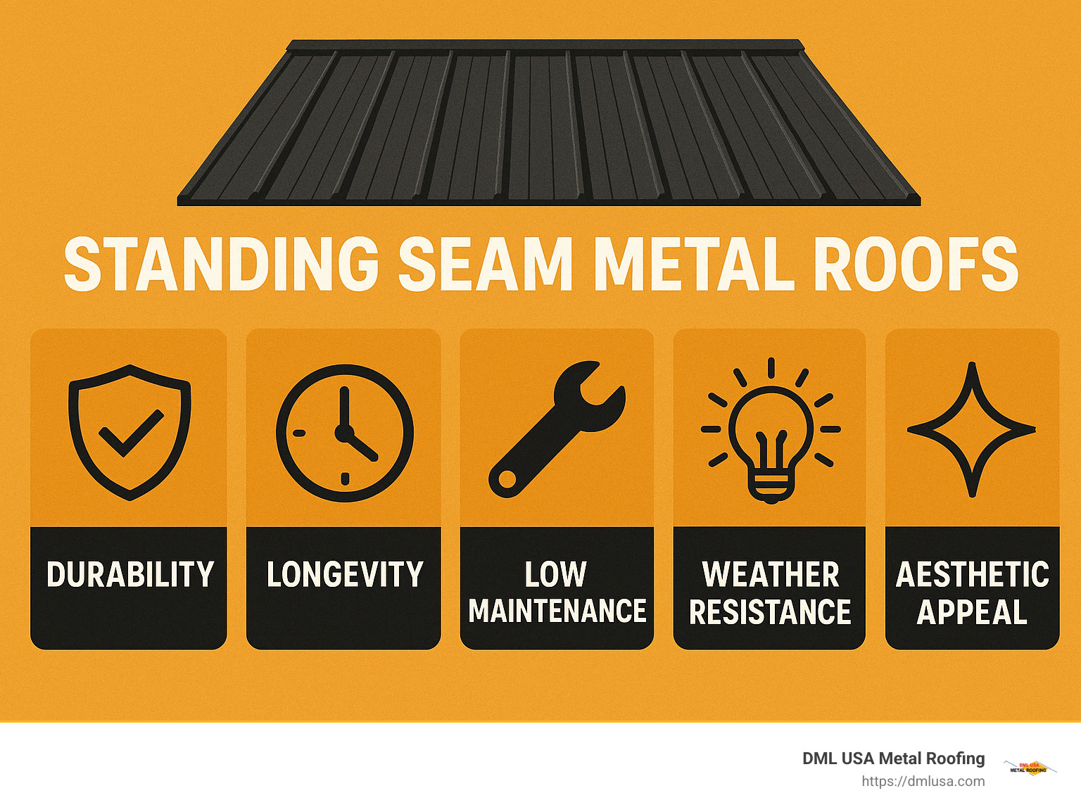 Infographic summarizing durability, longevity, low maintenance, energy efficiency, weather resistance, and aesthetic appeal of standing seam metal roofs - standing seam metal roof infographic 
