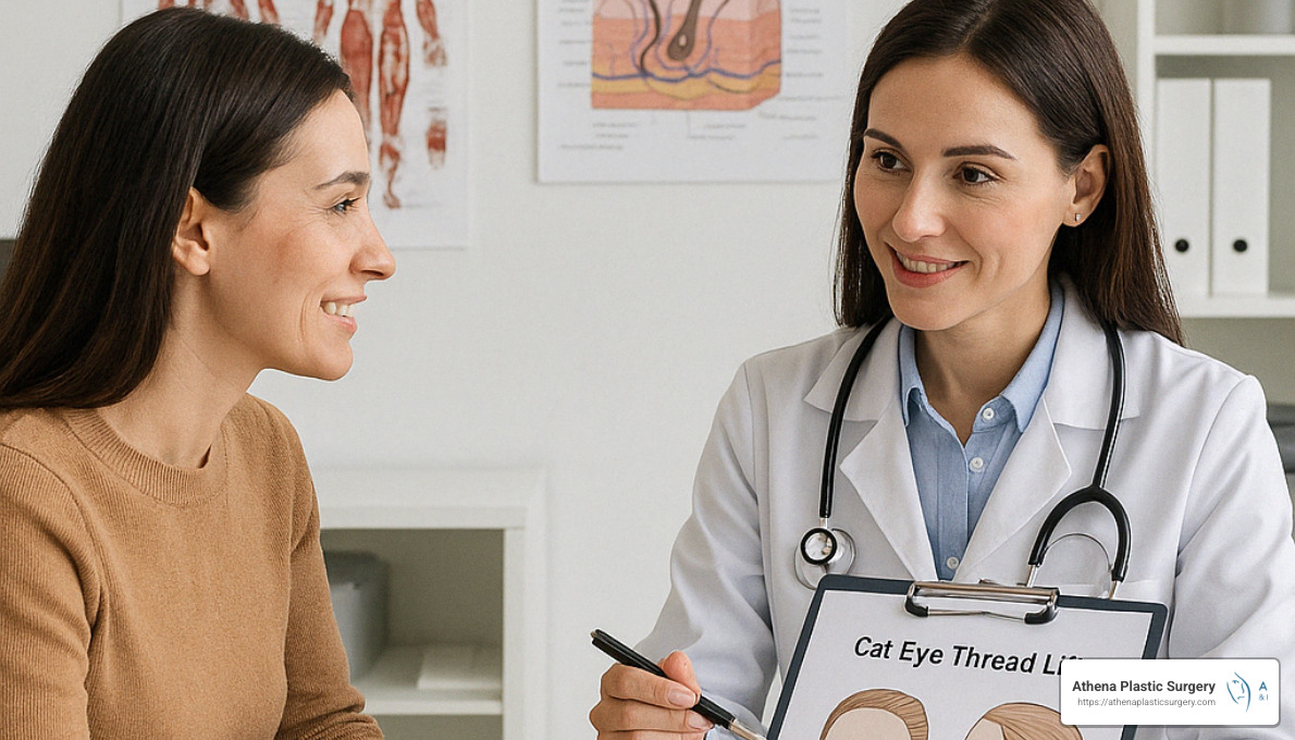 Doctor consulting with patient about cat eye thread lift procedure - cat eye thread lift near me