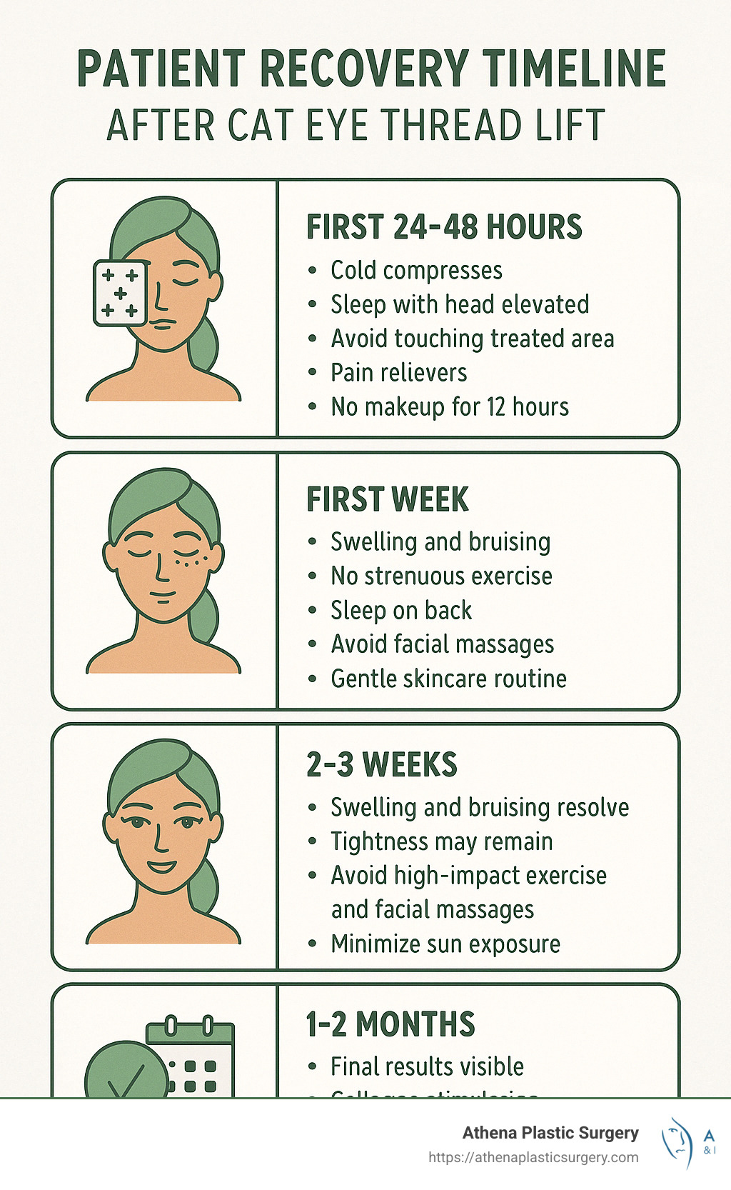 Patient recovery timeline after cat eye thread lift procedure - cat eye thread lift near me infographic 