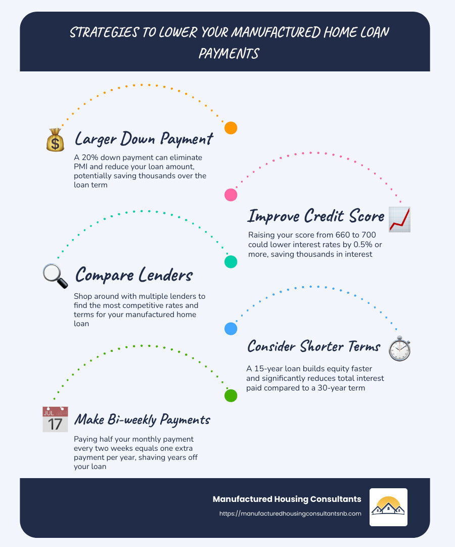 Infographic showing how different down payment amounts and loan terms affect monthly payments and total interest paid on a manufactured home loan. - Manufactured home loan calculator infographic infographic-line-5-steps-blues-accent_colors
