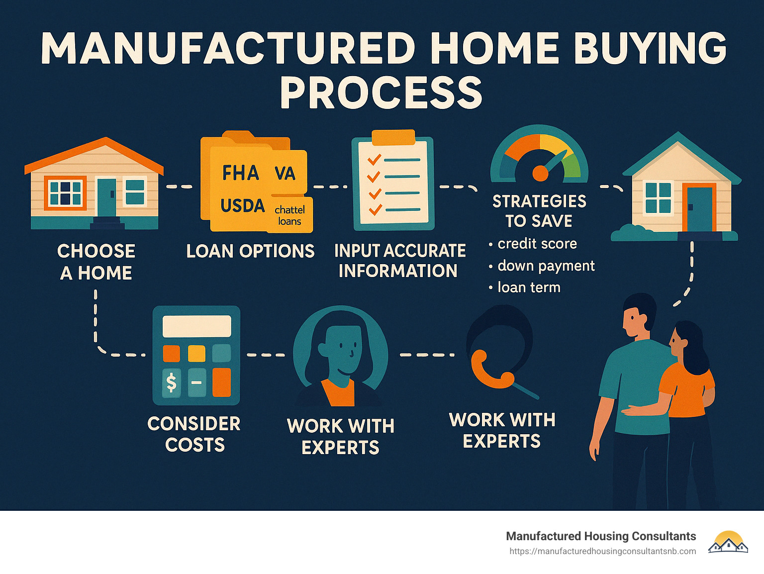 Infographic showing the complete manufactured home buying process from choosing a home to move-in day, highlighting key financing milestones and decision points. - Manufactured home loan calculator infographic 