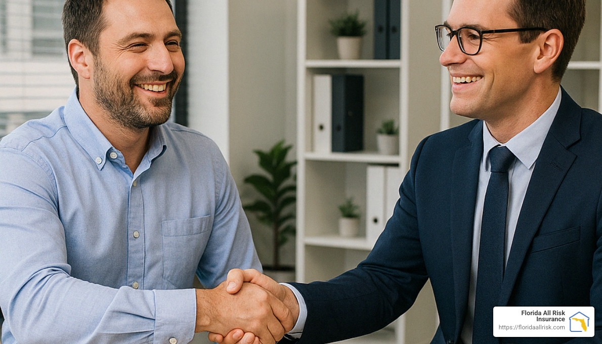 Satisfied business owner with local insurance agent - commercial property insurance agents near me