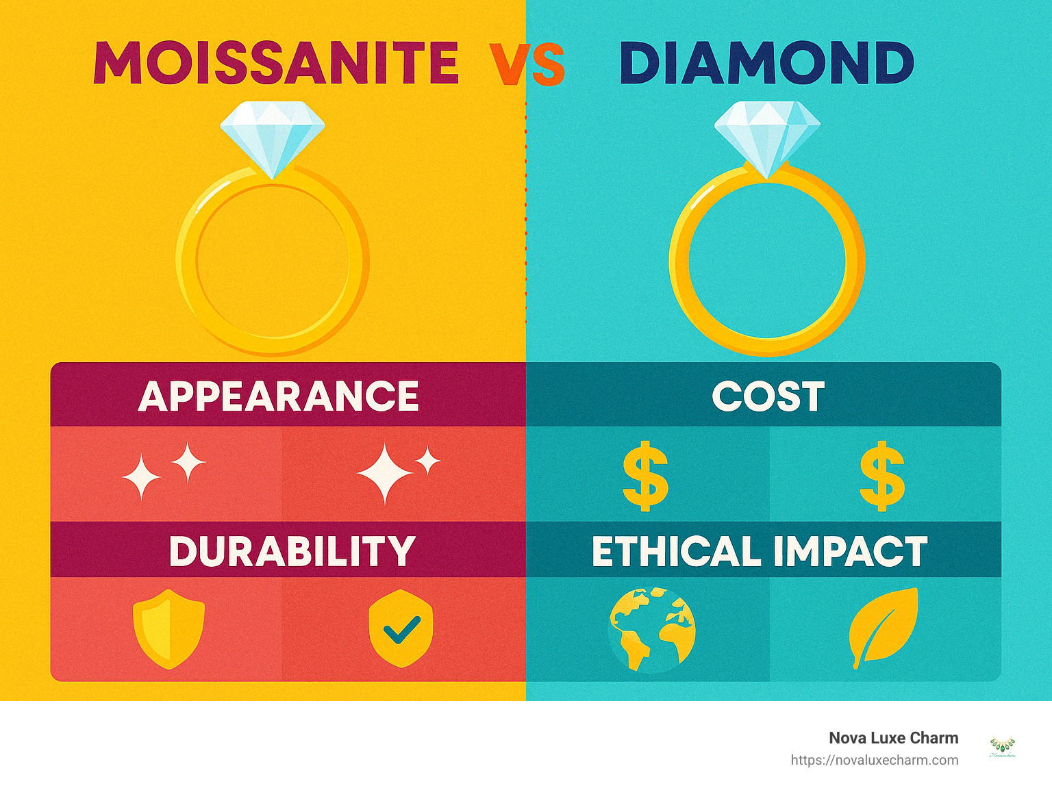 Infographic comparing women's moissanite rings vs diamond rings in appearance, cost, durability, and ethical impact. - women's moissanite rings infographic 
