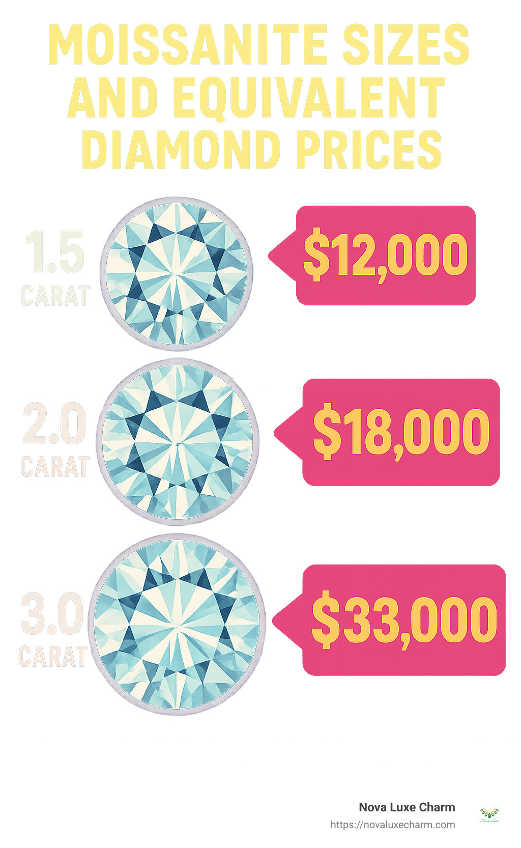 Comparison table of moissanite sizes and equivalent diamond prices - women's moissanite rings infographic 