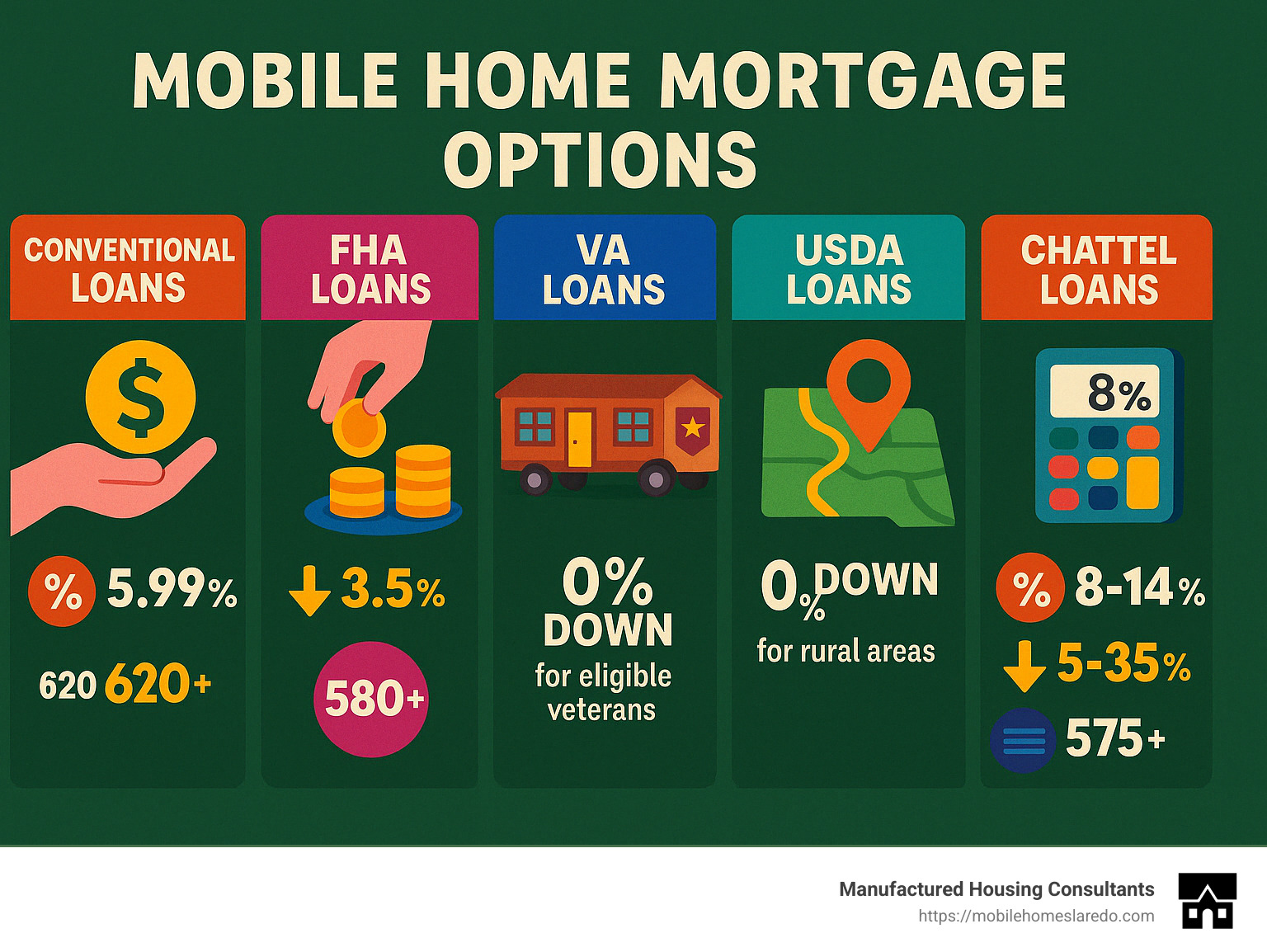 Comparison of mobile home mortgage options showing conventional loans (5.99% interest rate, 3-5% down, 620+ credit score), FHA loans (3.5% down, 580+ credit score), VA loans (0% down for eligible veterans), USDA loans (0% down for rural areas), and chattel loans (8-14% interest rate, 5-35% down, 575+ credit score) - mortgage for mobile home and land infographic  Comparison of mobile home mortgage options showing conventional loans (5.99% interest rate, 3-5% down, 620+ credit score), FHA loans (3.5% down, 580+ credit score), VA loans (0% down for eligible veterans), USDA loans (0% down for rural areas), and chattel loans (8-14% interest rate, 5-35% down, 575+ credit score) - mortgage for mobile home and land infographic