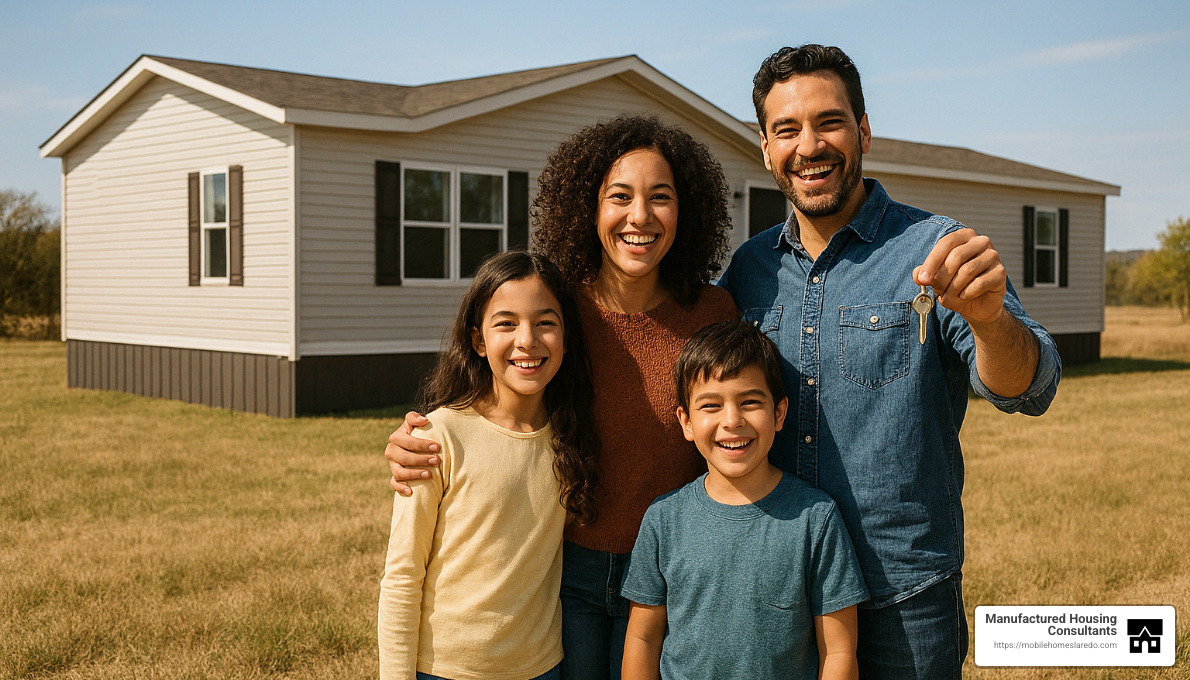 Happy family standing in front of their newly purchased manufactured home on land - mortgage for mobile home and land Happy family standing in front of their newly purchased manufactured home on land - mortgage for mobile home and land