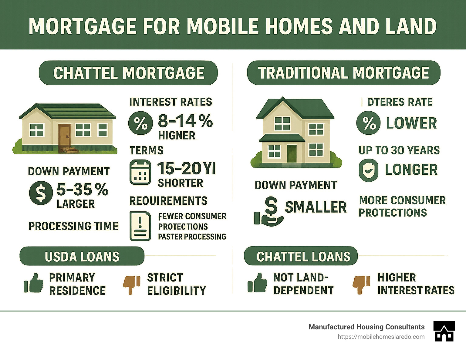 Detailed comparison of chattel mortgages versus traditional mortgages showing differences in interest rates, terms, and requirements - mortgage for mobile home and land infographic  Detailed comparison of chattel mortgages versus traditional mortgages showing differences in interest rates, terms, and requirements - mortgage for mobile home and land infographic