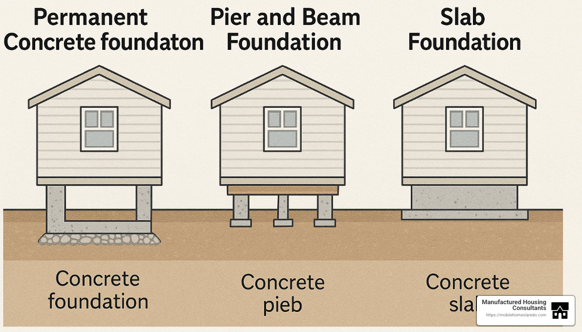 Various foundation types for manufactured homes including permanent concrete, pier and beam, and slab foundations - mortgage for mobile home and land Various foundation types for manufactured homes including permanent concrete, pier and beam, and slab foundations - mortgage for mobile home and land