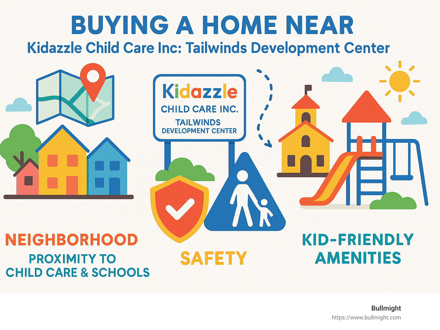 Infographic summarizing key factors to consider when buying a home near Kiimpress Child Care Inc: Tailwinds Development Center, including neighborhood selection criteria, proximity to child care and schools, safety features, and kid-friendly amenities. - Things to Consider When Buying a Home With Young Kids In Miami, FL - Kiimpress Child Care Inc: Tailwinds Development Center infographic 