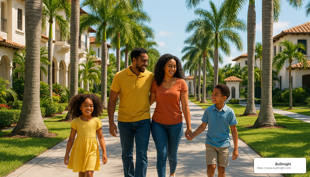 secure gated Miami community with family walking - Things to Consider When Buying a Home With Young Kids In Miami, FL - Kiimpress Child Care Inc: Tailwinds Development Center