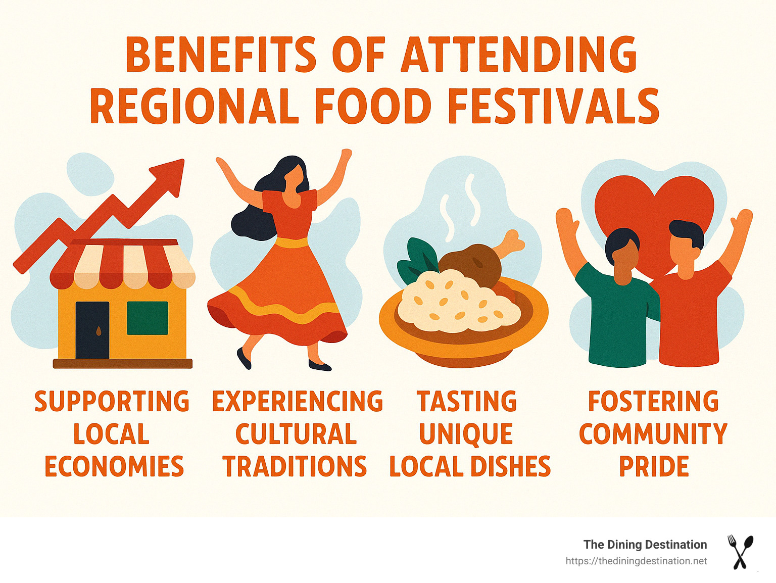 Infographic highlighting benefits of attending regional food festivals, including supporting local economies, experiencing cultural traditions, tasting unique local dishes, and fostering community pride. - Regional food festivals infographic 