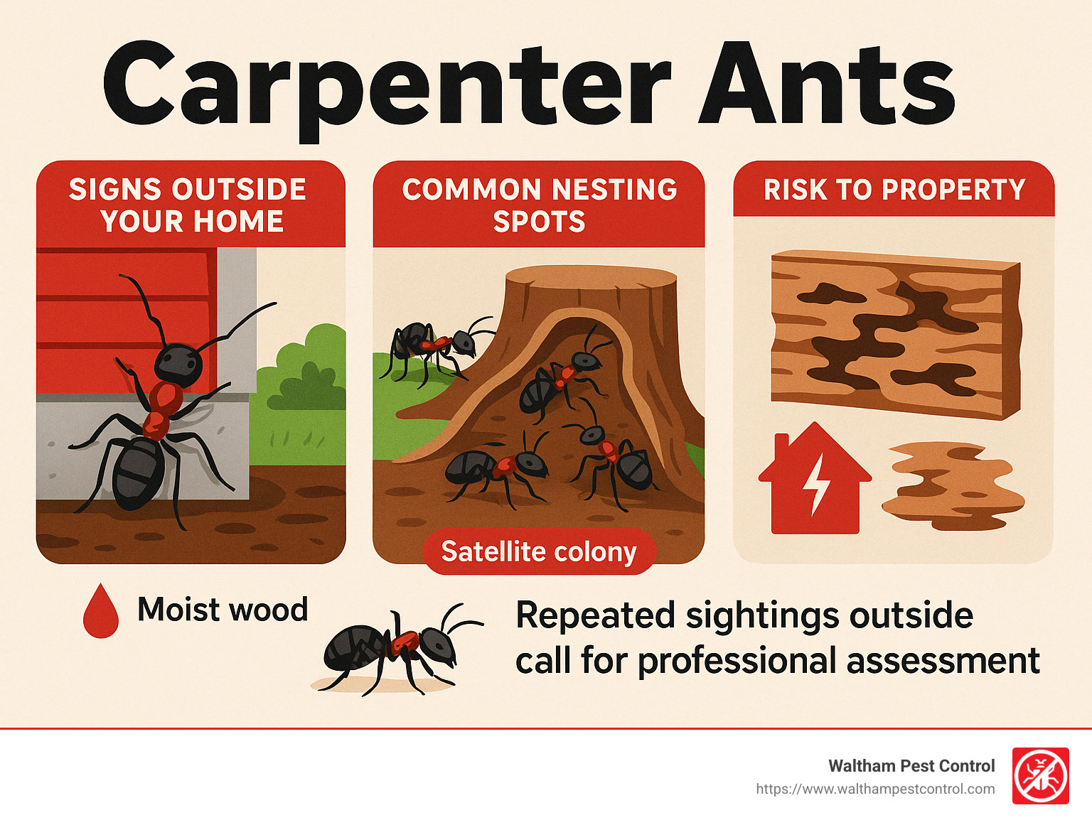 Infographic showing signs carpenter ants are present outside your home, common nesting spots, and potential risks to your property. - carpenter ants outside house infographic