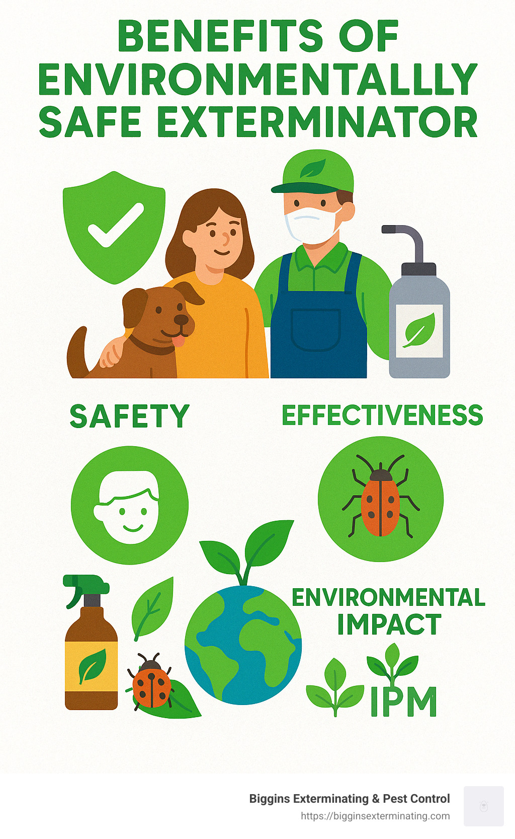 Infographic explaining benefits of environmentally safe exterminator including safety, effectiveness and environmental impact - environmentally safe exterminator infographic 