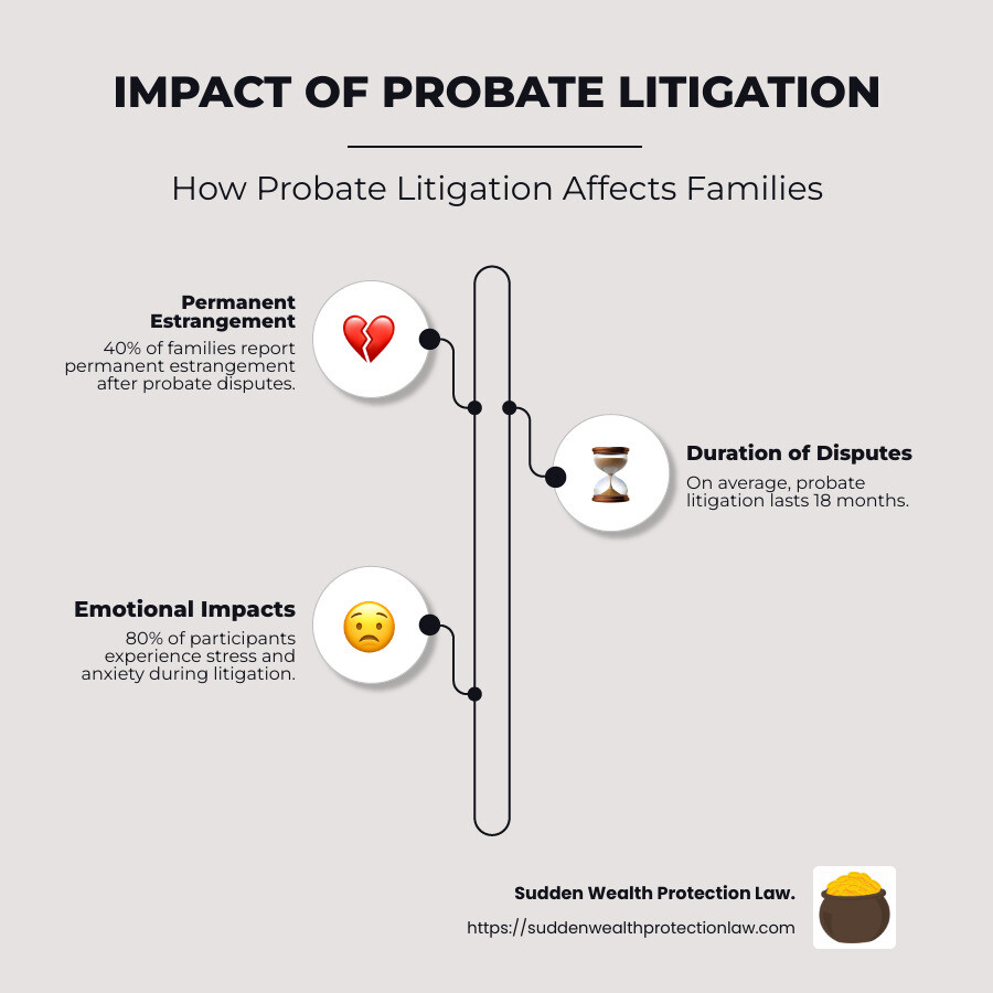 Infographic showing statistics on how probate litigation affects family relationships, including percentage of families that experience permanent estrangement, average duration of disputes, and emotional impacts reported by participants. - probate litigator infographic infographic-line-3-steps-neat_beige