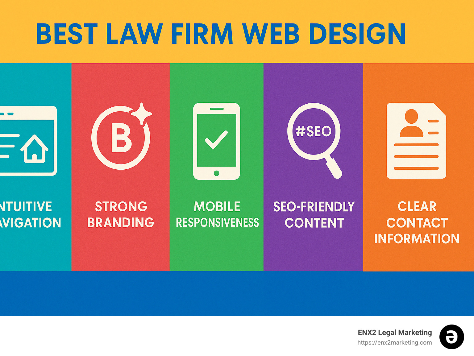 Infographic highlighting essential elements of the best law firm web design: intuitive navigation, strong branding, mobile responsiveness, SEO-friendly content, optimized conversion elements, and clear contact information. - best web design for law firm infographic
