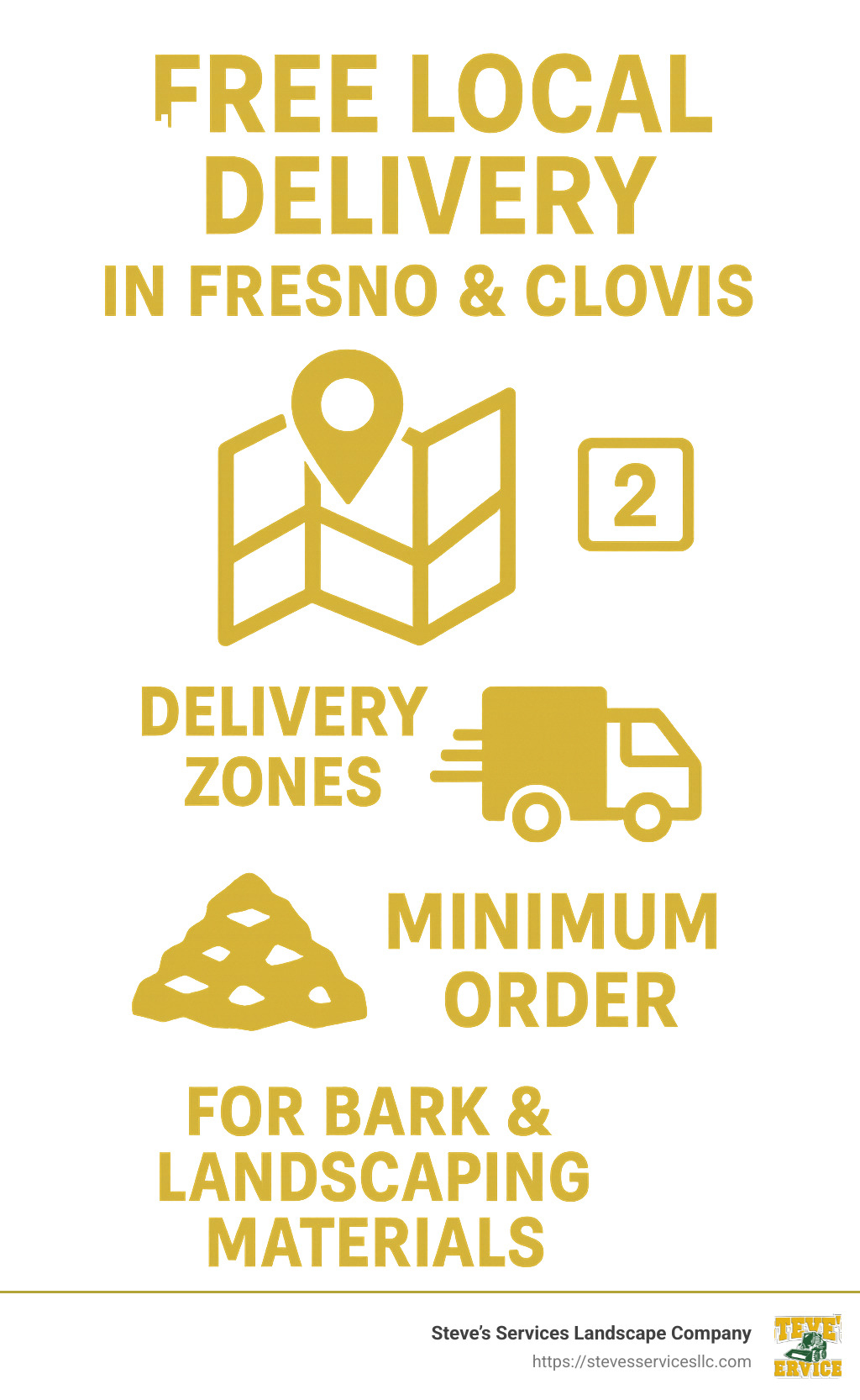 Quoted text stating "Free Local Delivery in Fresno & Clovis" with additional information about delivery zones and minimum order requirements for bark and landscaping materials. - bark delivered near me infographic 