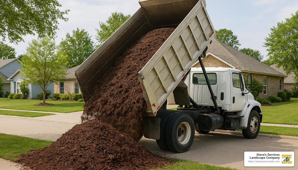 delivery truck unloading bark mulch - bark delivered near me