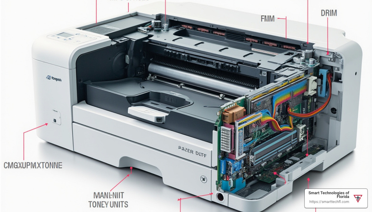 Detailed diagram of laser printer internal components showing toner cartridge, drum unit, fuser, and paper path - hp laser printer maintenance