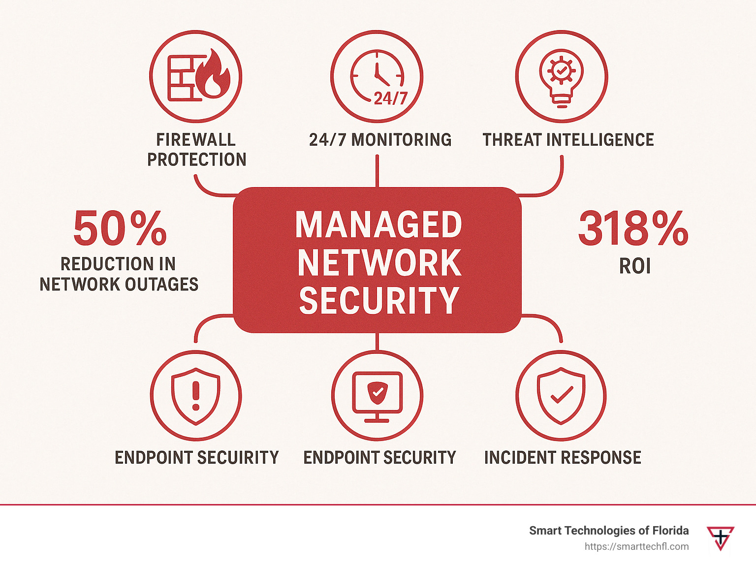 Managed Network Security Solutions—Because Cybersecurity Isn't a DIY Project 1 Comprehensive diagram showing the components of managed network security solutions including firewall protection, intrusion detection systems, endpoint security, 24/7 monitoring, threat intelligence, and incident response, with statistics showing 50% reduction in network outages and 318% ROI - managed network security solutions infographic
