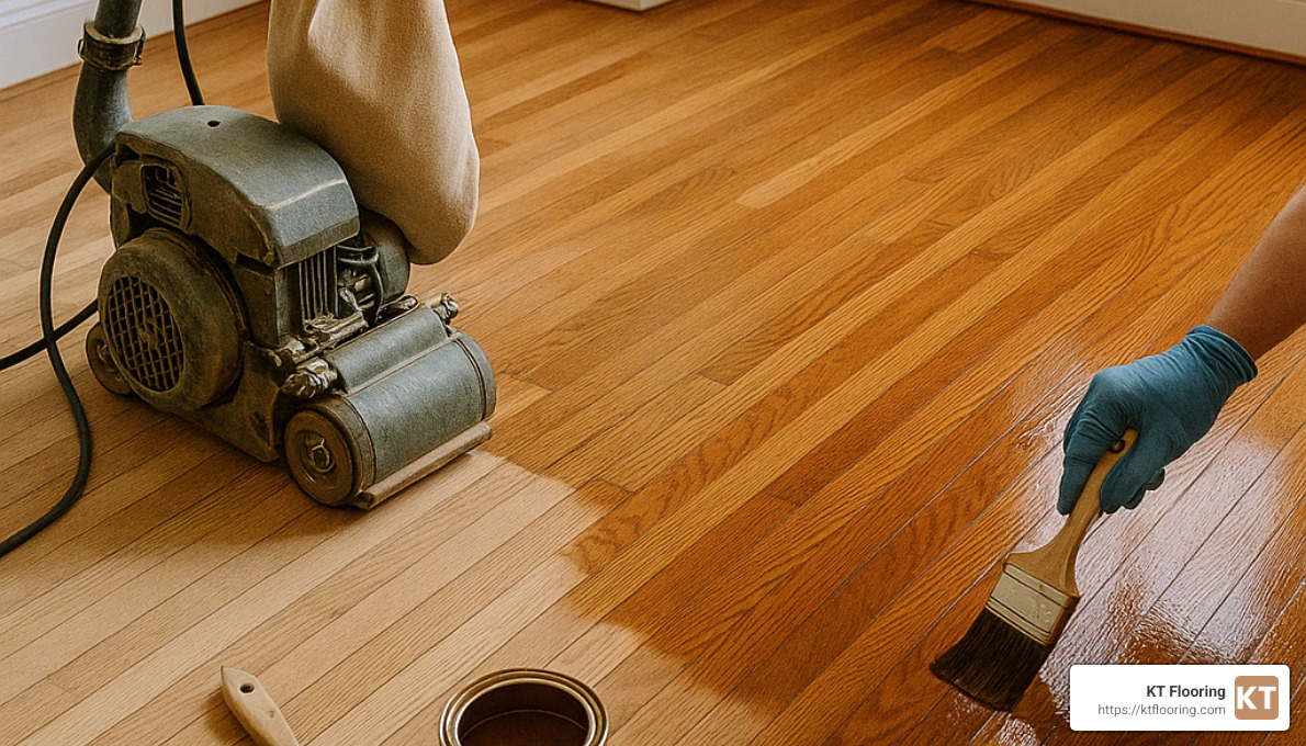 hardwood floor refinishing process showing sanding equipment and application of finish - hardwood floor refinishing nashua nh
