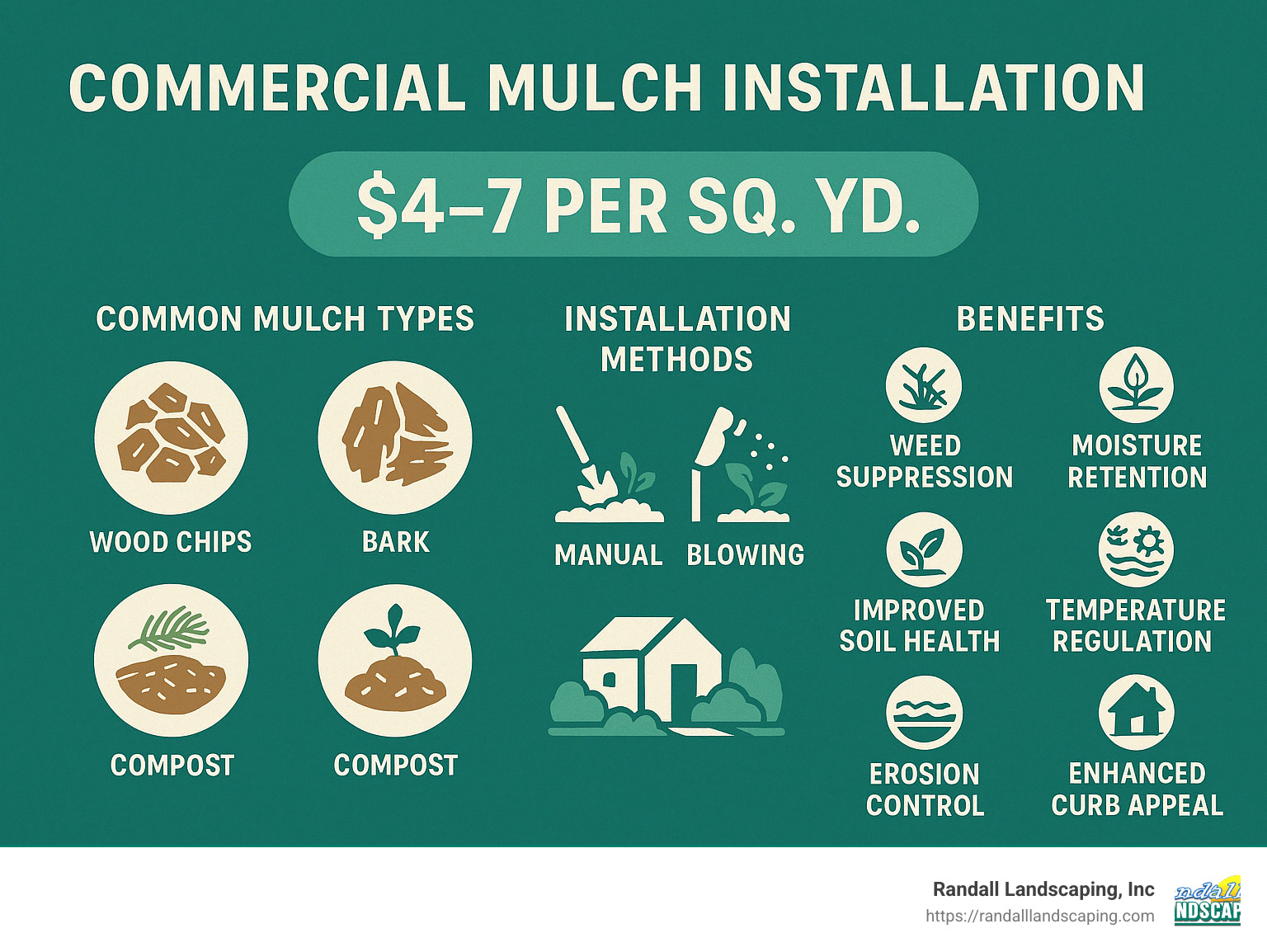 Infographic detailing key benefits and methods of commercial mulch installation - Commercial mulch installation infographic 
