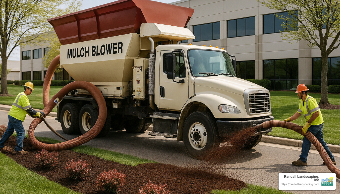 Mulch blowing equipment in action - Commercial mulch installation