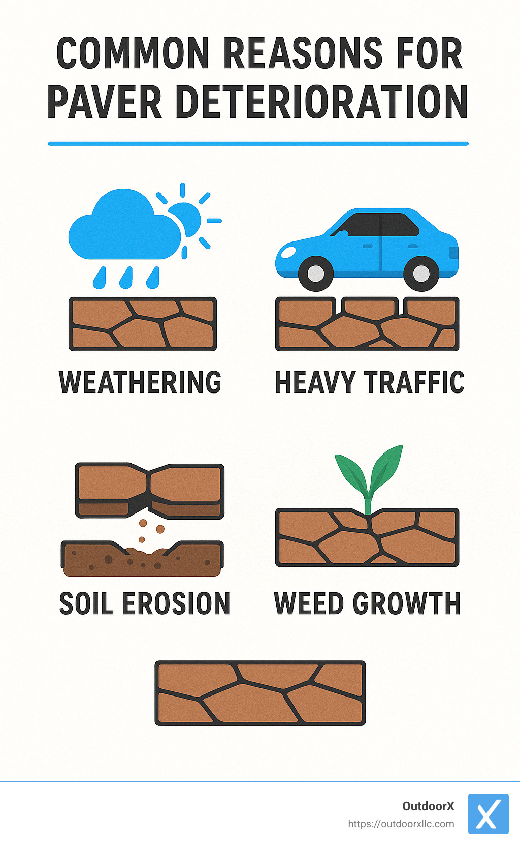 A clear infographic describing common reasons for paver deterioration including weathering, heavy traffic, soil erosion, and weed growth. - pavers repair near me infographic