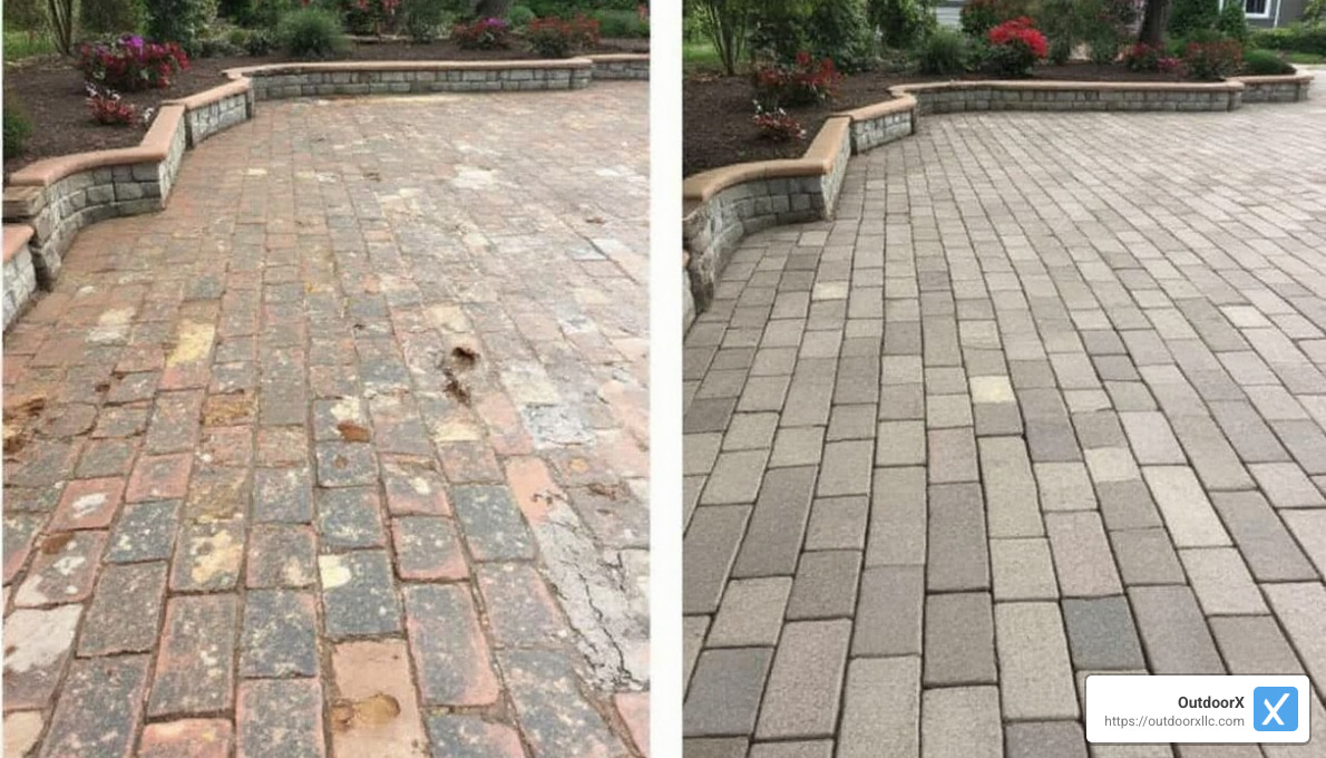 comparison of damaged and repaired pavers - pavers repair near me