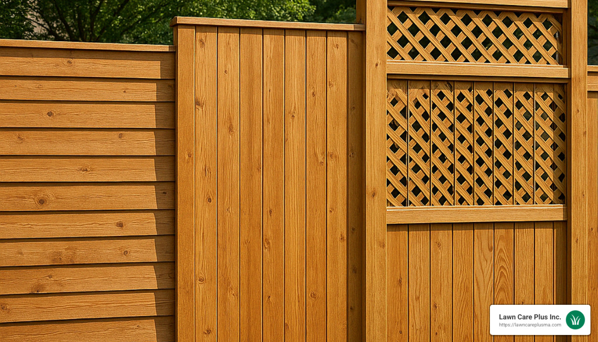 various cedar fence styles showcasing horizontal, vertical, and lattice designs - cedar fence company